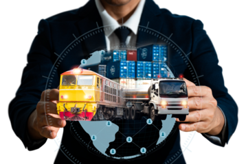 A businessman works on a logistic network distribution and smart transportation, as well as networking intelligent logistics of truck and railway container cargo ship, logistic import export.