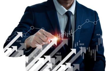 A businessman shows an arrow graph that depicts the company's future growth strategy and percentage increase. The idea is to start a business from the ground up in order to succeed and grow.