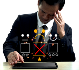 A suit-clad Asian man sits with his left hand on his head and a dejected expression.On the table with the right hand. Hologram of sad face of satisfaction displayed on the tablet's side on screen.