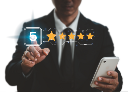 An image of a man in a suit holding a world map and a 5-star symbol in his right hand illustrates the idea of global pleasure with goods and services.
