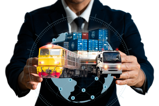 A businessman works on a logistic network distribution and smart transportation, as well as networking intelligent logistics of truck and railway container cargo ship, logistic import export.