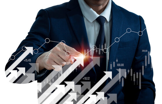 A businessman shows an arrow graph that depicts the company's future growth strategy and percentage increase. The idea is to start a business from the ground up in order to succeed and grow.