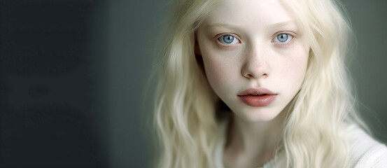 Beauty image of an albino girl posing in studio. Concept about body positivity, diversity, and fashion, beautiful portrait of a blond girl - obrazy, fototapety, plakaty
