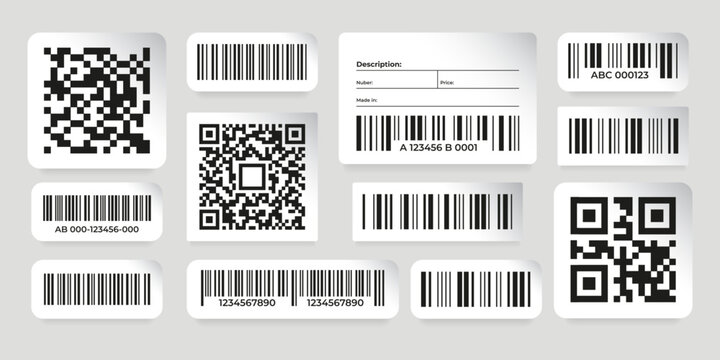 Barcode stickers. Scan data labels with QR codes on paper layout, supermarket discount codes and product number tags. Vector shop label set. Labeling for selling in shop with description and price