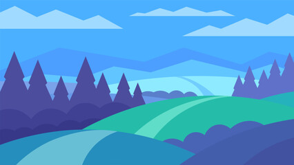 Minimalistic flat landscape. Bright hills, meadows and forest on blue sky background.