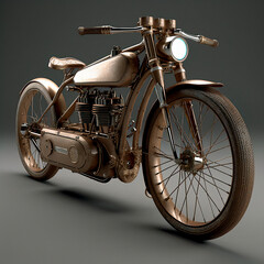 Close-up of Art Nouveau Style Antique Copper Motorcycle on Gray Background, made with Generative AI