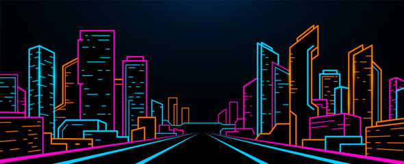 Night outline neon city in retro waves, synth style.