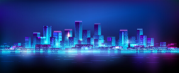 Horizontal illustration of neon city skyscrapers. Bright city lights on the night sky background reflected in the water