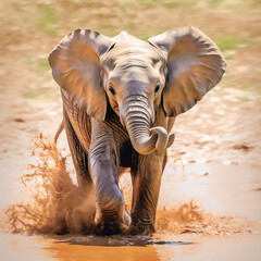 Fototapeta premium A baby elephant playing in the mud, Generative AI 