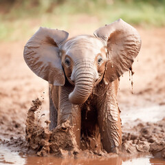Fototapeta na wymiar A baby elephant playing in the mud, Generative AI 