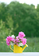 Beautiful flowers bouquet in yellow watering can on table outdoor, green natural background. floral decor in garden. romantic atmosphere nature image. spring, summer season. template for design