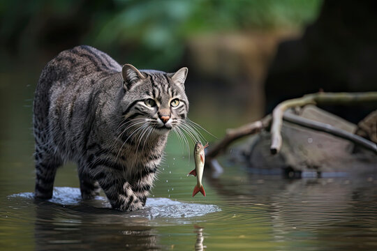 Fishing Cat, prionailurus viverrinus, Adult standing in Water, Fishing, with Fish in Mouth
