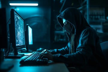 A person in a dark room with a hoodie on with a computer monitor that says cybercrime. Genarative ai