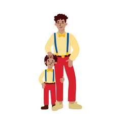 Happy fathers day. Dad and son in the same costumes. Boy hugs daddys leg. Lovely characters in cartoon flat style. Relationship between child and parent