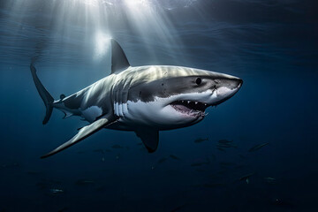 Naklejka premium Great white shark underwater, hunting and attacking, predator