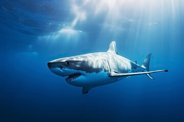 Great white shark underwater, hunting and attacking, predator - obrazy, fototapety, plakaty