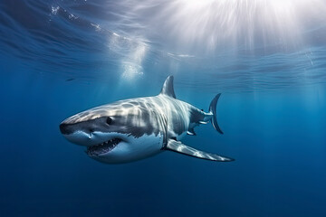 Fototapeta premium Great white shark underwater, hunting and attacking, predator