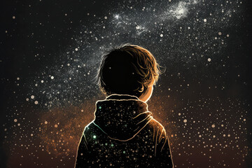 Fototapeta na wymiar illustration of a boy looking at night starry sky with glitter glow galaxy flicker above