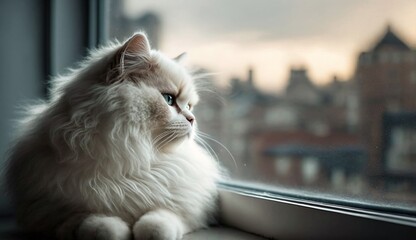 Pensive Feline Overlooking Urban Sunset, generative ai