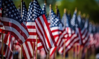Closeup of an American flag in a row. Memorial day, Independence day, Veterans day, patriotic concept. Copy space.