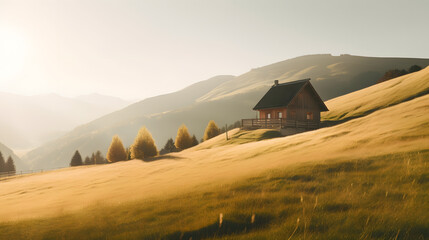 Sunny Mountain Landscape with a Wooden Cabin on the Slope, generative ai