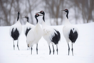Obraz premium Group of Japanese Red Crowned Cranes in Winter at Tsurui Ito Tancho Crane Sanctuary