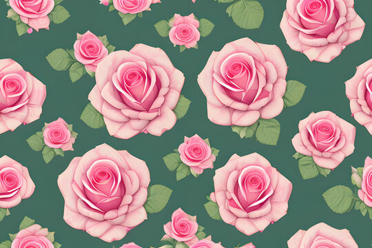 A seamless floral pattern with flowers (pink rose)
and green leaves on a green background.
Generative AI.