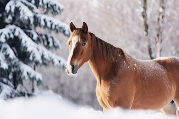 Horse in a snow on winter background.