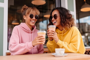 Two women sitting at a table drinking coffee created with Generative AI technology