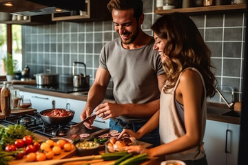 A man and woman preparing food in a kitchen created with Generative AI technology