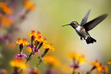 Humming bird hovering over colorful, pollen filled flowers