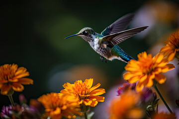 Fototapeta premium Humming bird hovering over colorful, pollen filled flowers