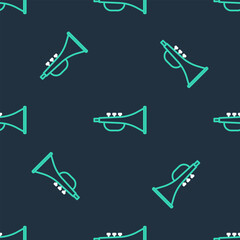 Line Musical instrument trumpet icon isolated seamless pattern on black background. Vector