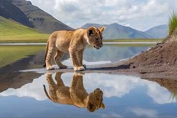Lion cub looking the reflection of an adult lion in the water on a background of mountains - obrazy, fototapety, plakaty