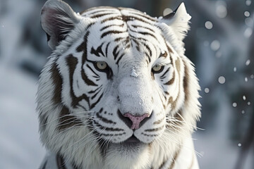 Close up of a big white tiger head. Bleached tiger of India in a snowy forest and winter background
