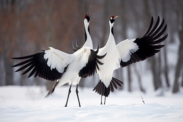 Dancing Cranes. The ritual marriage dance of cranes. The red-crowned crane. Scientific name: Grus japonensis, also called the Japanese crane or Manchurian crane. natural habitat. Japan