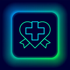 Glowing neon line Heart with a cross icon isolated on black background. First aid. Healthcare, medical and pharmacy sign. Colorful outline concept. Vector