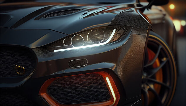 A black sports car with the headlights lit up and the hood, Generative AI