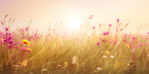 field of grass with beautiful flowers, in the style of sun - soaked colours, light yellow and light magenta, generative ai