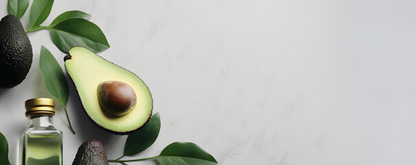 Avocado, leaves and oil bottles on a light gray solid background, generative ai
