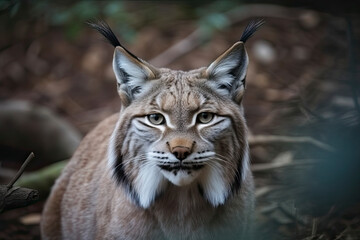 Obraz premium Lynx looks with predatory eyes from the shelter, hidden in the forest while walking