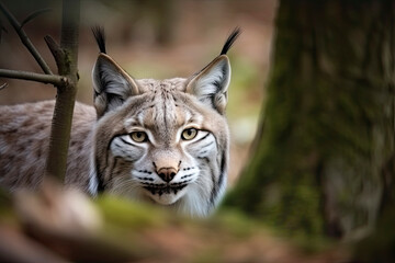 Obraz premium Lynx looks with predatory eyes from the shelter, hidden in the forest while walking