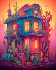 colorful cactus house ilustration art painting generated ai