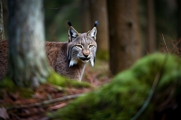Fototapeta premium Lynx looks with predatory eyes from the shelter, hidden in the forest while walking