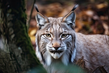 Naklejka na ściany i meble Lynx looks with predatory eyes from the shelter, hidden in the forest while walking