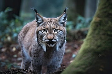 Obraz premium Lynx looks with predatory eyes from the shelter, hidden in the forest while walking
