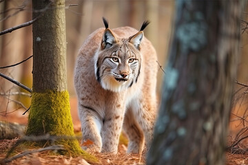Obraz premium Lynx looks with predatory eyes from the shelter, hidden in the forest while walking