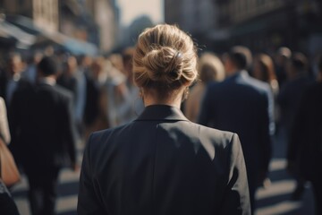 Fototapeta premium Businesswoman in the Crowd, Blurry Background, Rear View. Generative AI illustrations