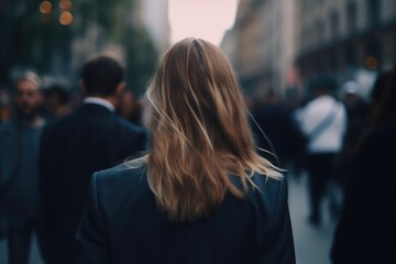Fototapeta premium Businesswoman in the Crowd, Blurry Background, Rear View. Generative AI illustrations