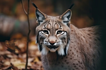 Lynx looks with predatory eyes from the shelter, hidden in the forest while walking